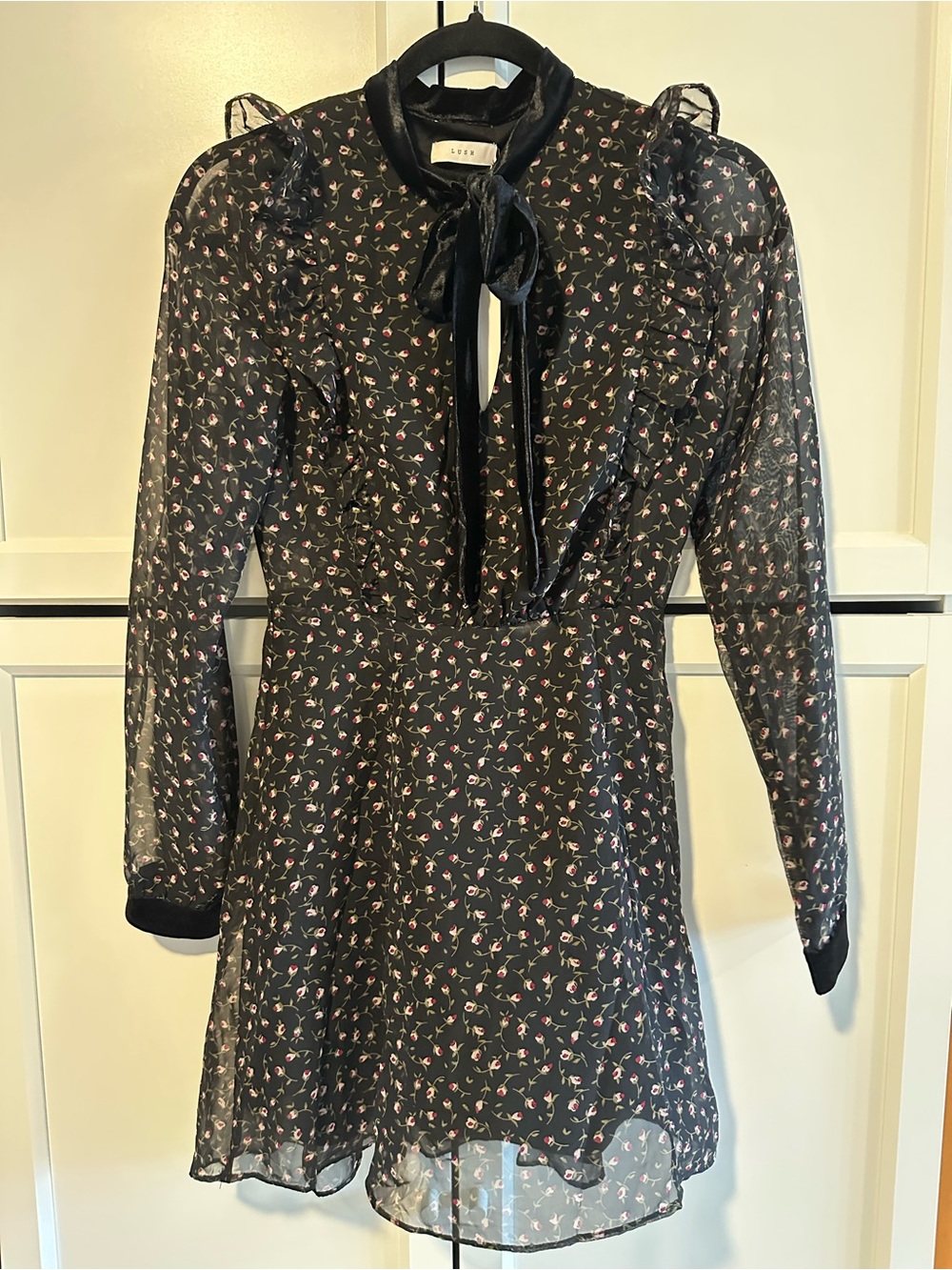 Lush Black Sheer Long-Sleeve Floral Tie-Neck Dress